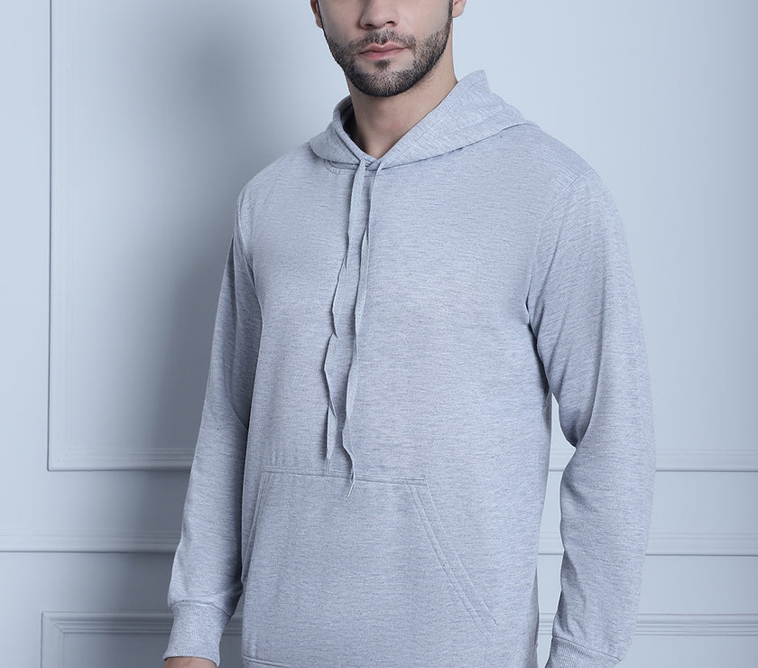 Mack Jonney Grey Melange Solid Hooded Cotton Fleece Sweatshirt for Men