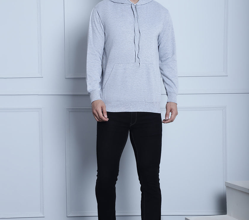 Mack Jonney Grey Melange Solid Hooded Cotton Fleece Sweatshirt for Men