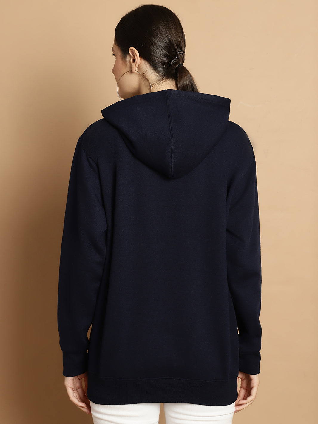 Mack Jonney Navy Blue Solid Hooded Cotton Fleece Sweatshirt for Women