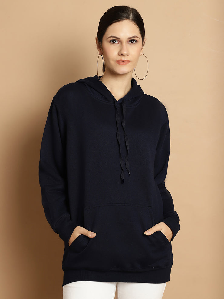 Mack Jonney Navy Blue Solid Hooded Cotton Fleece Sweatshirt for Women