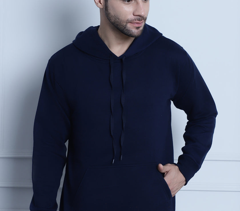 Mack Jonney Navy Blue Solid Hooded Cotton Fleece Sweatshirt for Men