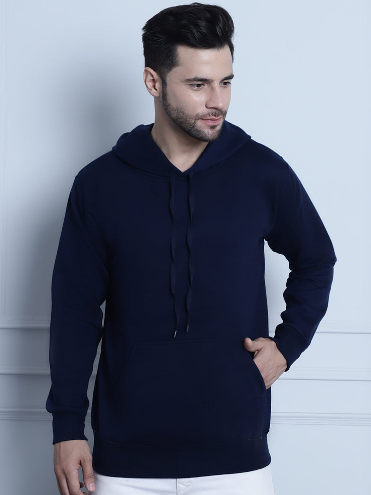 Mack Jonney Navy Blue Solid Hooded Cotton Fleece Sweatshirt for Men