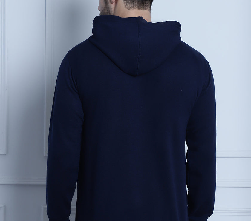 Mack Jonney Navy Blue Solid Hooded Cotton Fleece Sweatshirt for Men