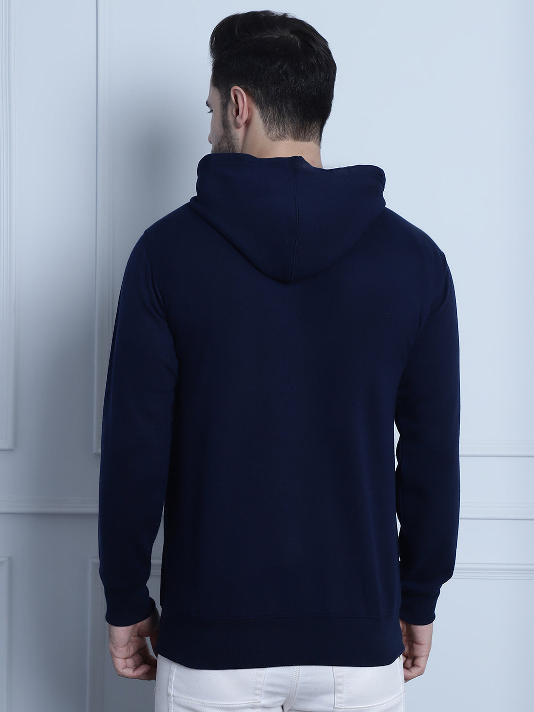 Mack Jonney Navy Blue Solid Hooded Cotton Fleece Sweatshirt for Men