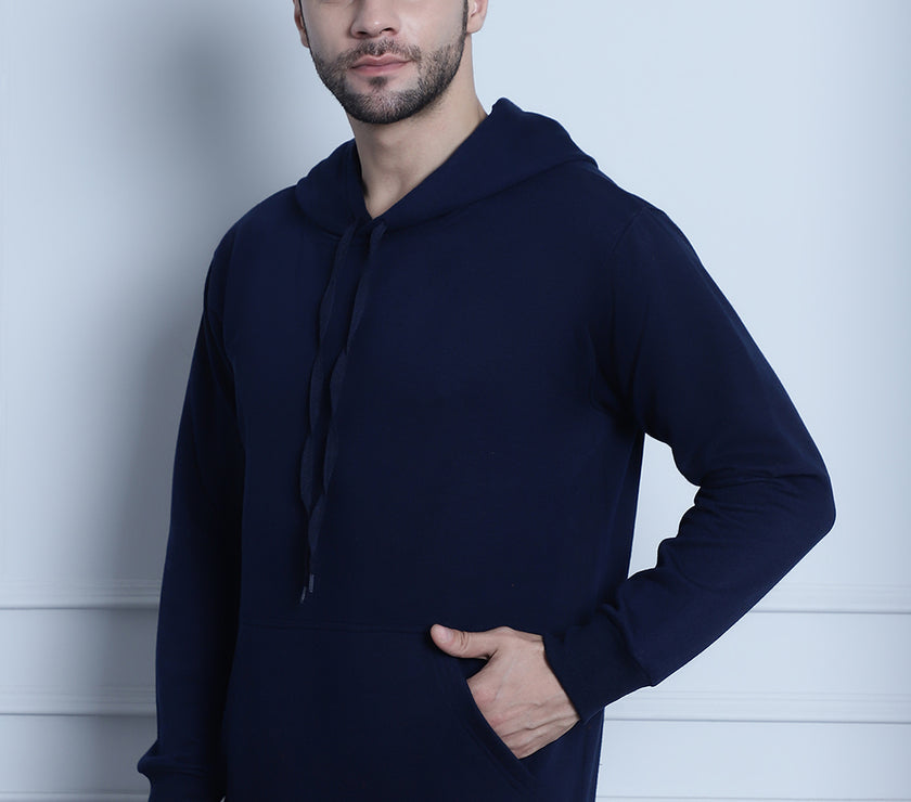 Mack Jonney Navy Blue Solid Hooded Cotton Fleece Sweatshirt for Men