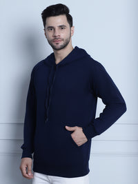 Mack Jonney Navy Blue Solid Hooded Cotton Fleece Sweatshirt for Men