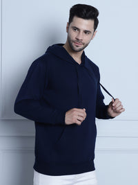 Mack Jonney Navy Blue Solid Hooded Cotton Fleece Sweatshirt for Men