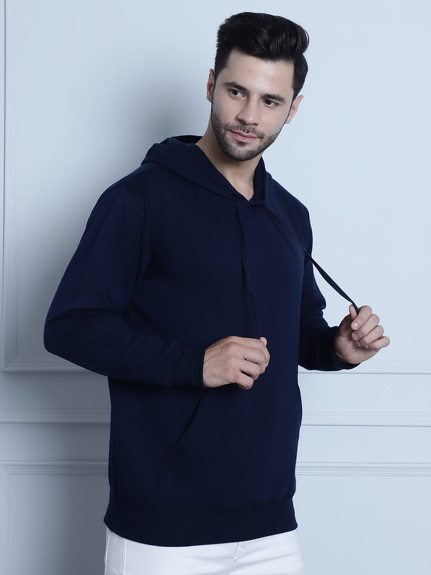 Mack Jonney Navy Blue Solid Hooded Cotton Fleece Sweatshirt for Men