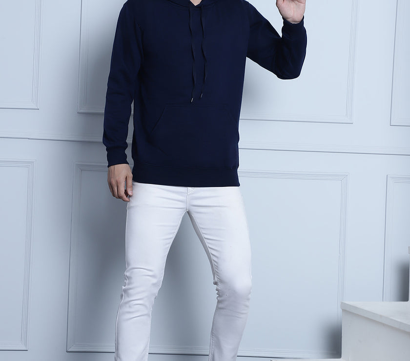 Mack Jonney Navy Blue Solid Hooded Cotton Fleece Sweatshirt for Men