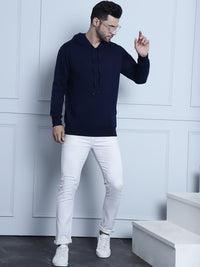 Mack Jonney Navy Blue Solid Hooded Cotton Fleece Sweatshirt for Men
