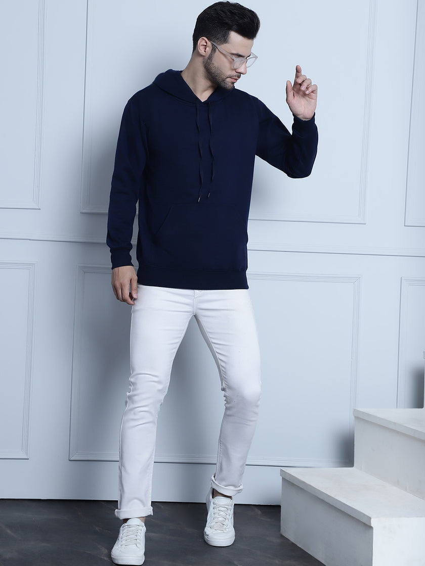 Mack Jonney Navy Blue Solid Hooded Cotton Fleece Sweatshirt for Men
