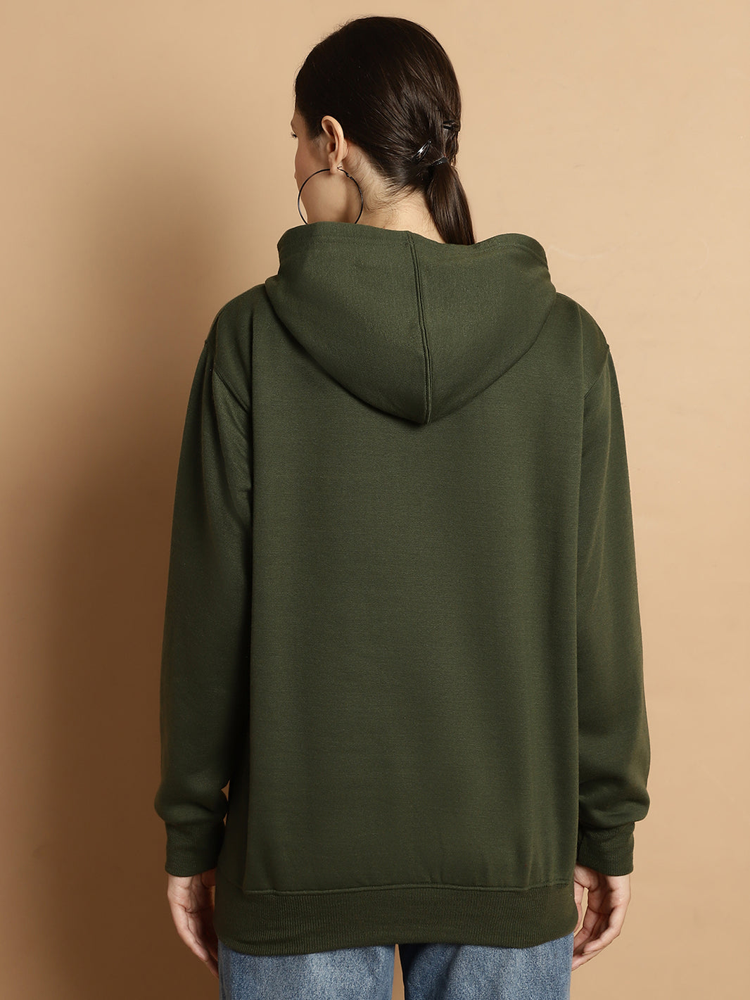 Mack Jonney Olive Solid Hooded Cotton Fleece Sweatshirt for Women