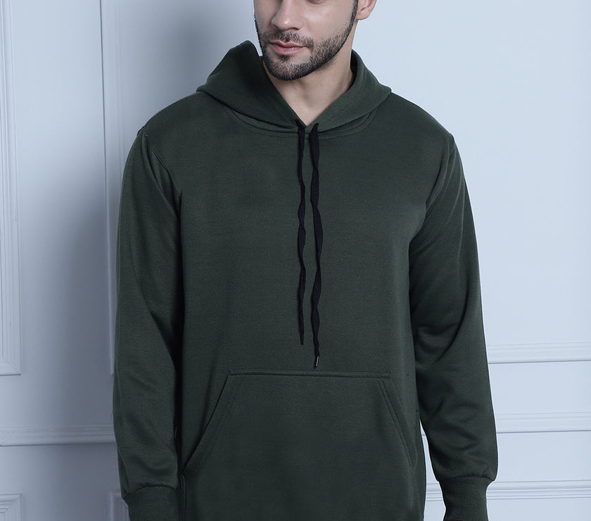 Mack Jonney Olive Solid Hooded Cotton Fleece Sweatshirt for Men