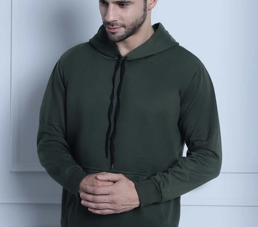 Mack Jonney Olive Solid Hooded Cotton Fleece Sweatshirt for Men