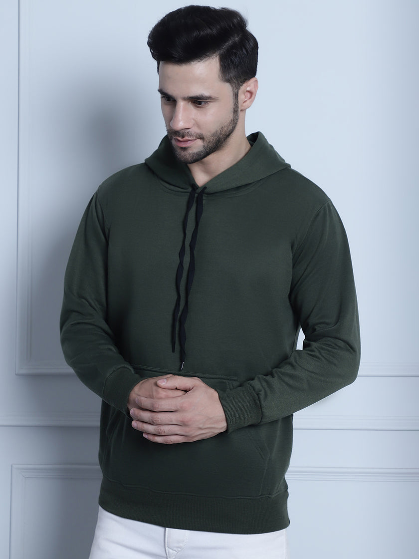 Mack Jonney Olive Solid Hooded Cotton Fleece Sweatshirt for Men