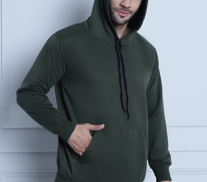 Mack Jonney Olive Solid Hooded Cotton Fleece Sweatshirt for Men