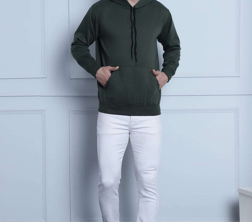 Mack Jonney Olive Solid Hooded Cotton Fleece Sweatshirt for Men