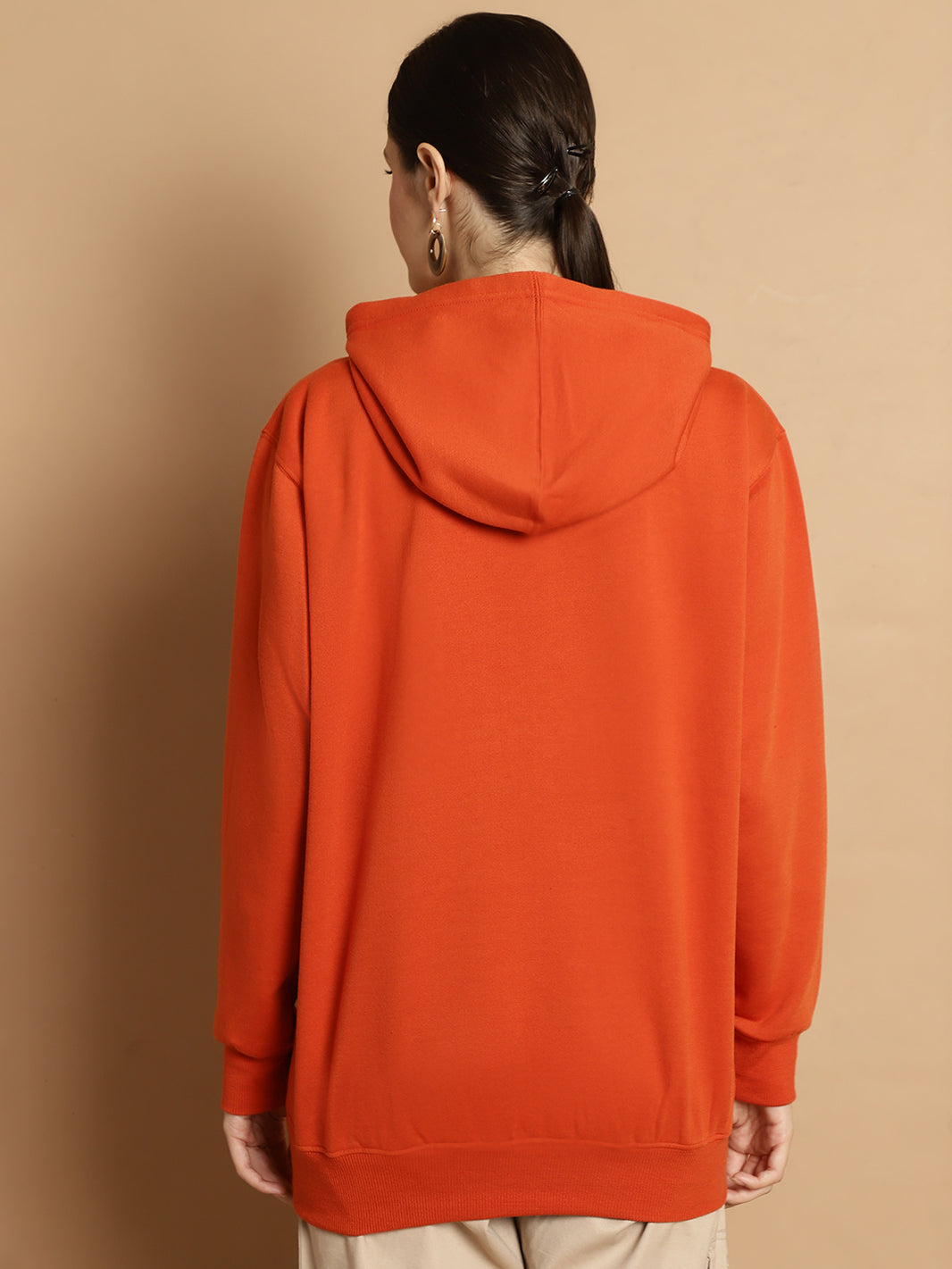 Mack Jonney Rust Solid Hooded Cotton Fleece Sweatshirt for Women