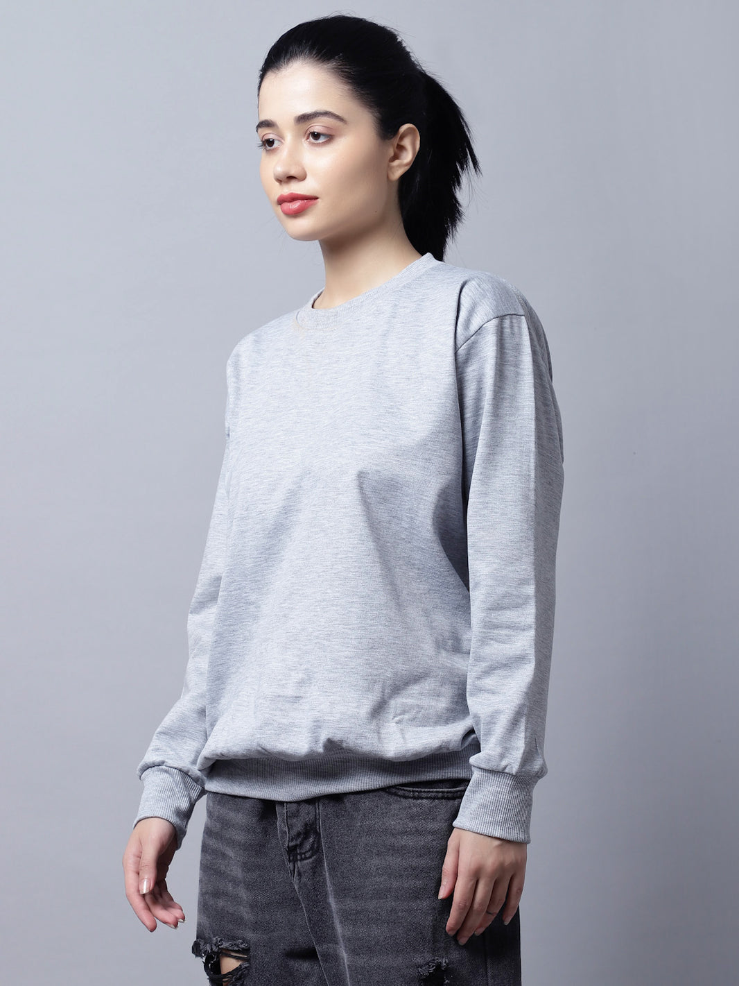 Mack Jonney Fleece Round Neck Grey Melange Sweatshirt For Women