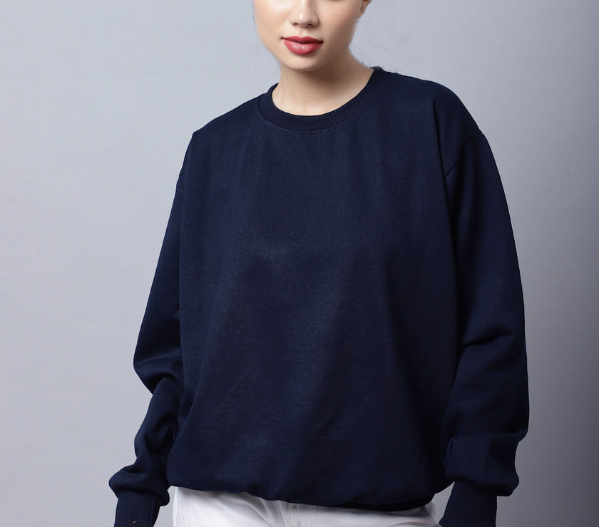 Mack Jonney Fleece Round Neck Navy Blue Sweatshirt For Women