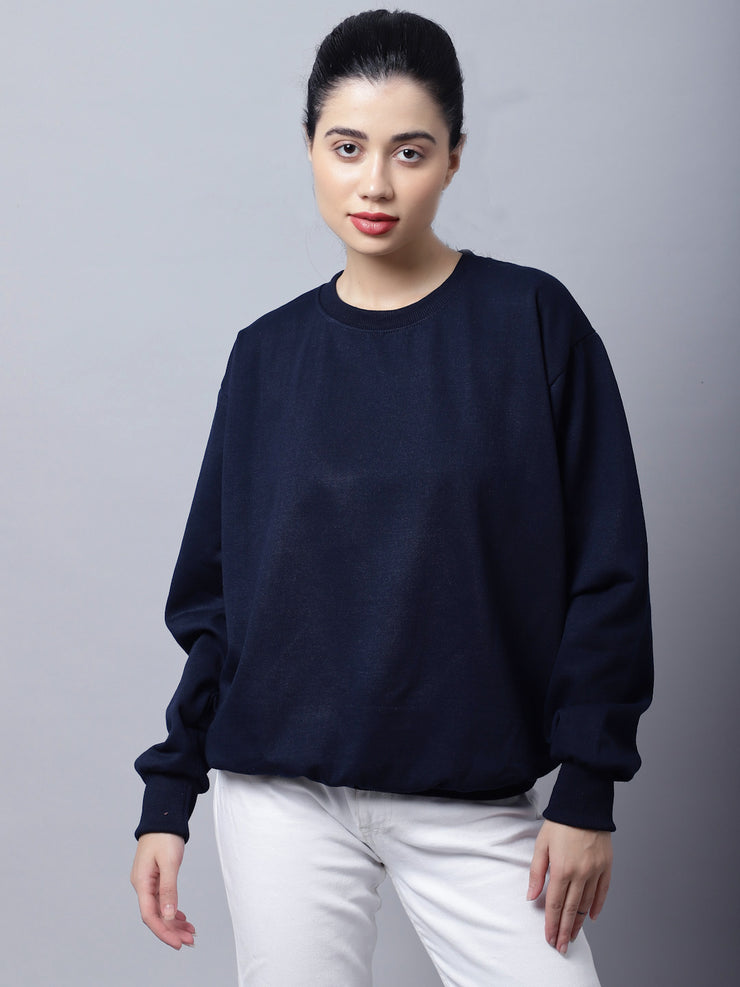 Mack Jonney Fleece Round Neck Navy Blue Sweatshirt For Women