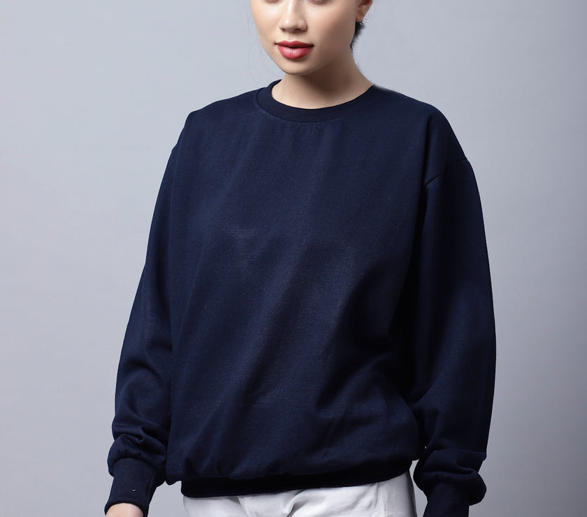 Mack Jonney Fleece Round Neck Navy Blue Sweatshirt For Women
