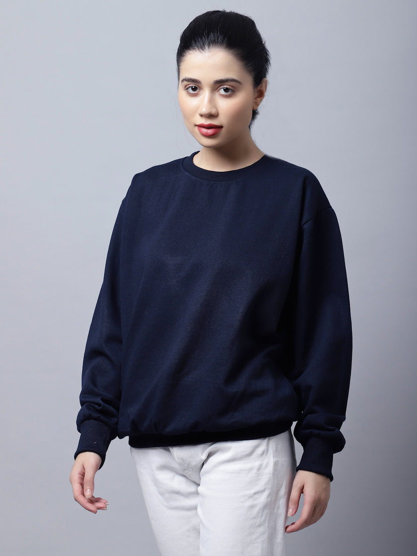 Mack Jonney Fleece Round Neck Navy Blue Sweatshirt For Women