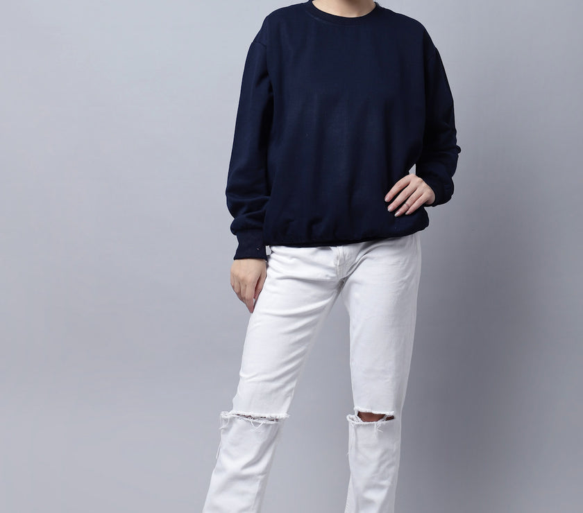 Mack Jonney Fleece Round Neck Navy Blue Sweatshirt For Women