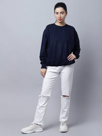 Mack Jonney Fleece Round Neck Navy Blue Sweatshirt For Women