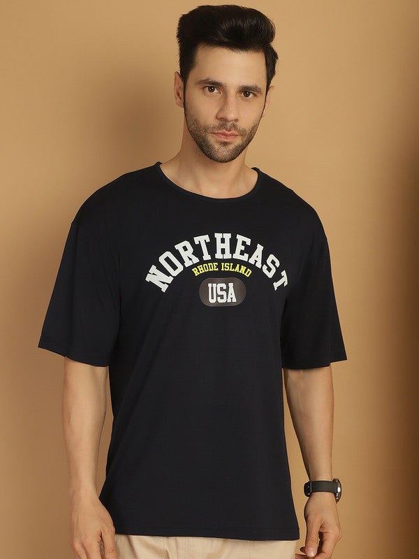 Mack Jonney Printed Navy Blue Round Neck Cotton Oversize Half sleeves Tshirt For Men
