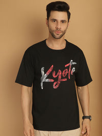 Mack Jonney Printed Black Round Neck Cotton Oversize Half sleeves Tshirt For Men