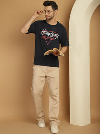Mack Jonney Printed Navy Blue Round Neck Cotton Oversize Half sleeves Tshirt For Men