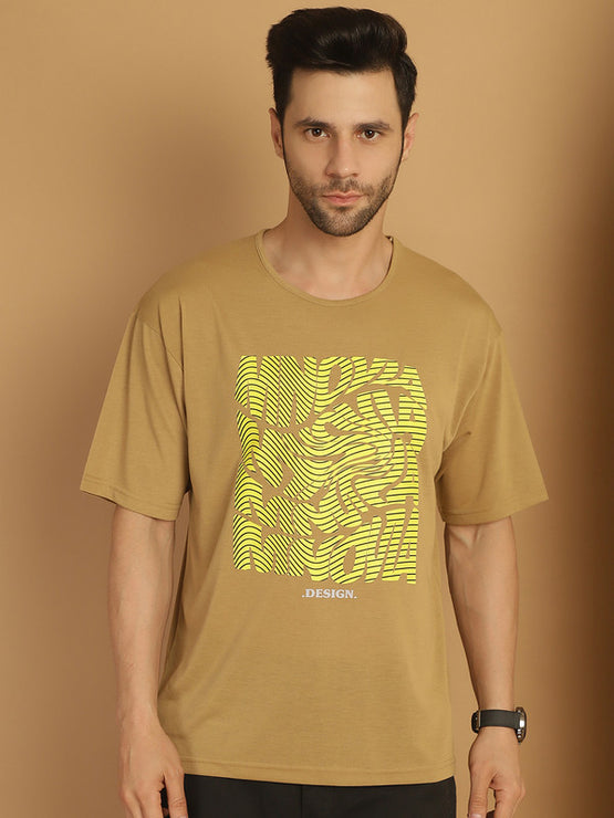 Mack Jonney Printed Beige Round Neck Cotton Oversize Half sleeves Tshirt For Men