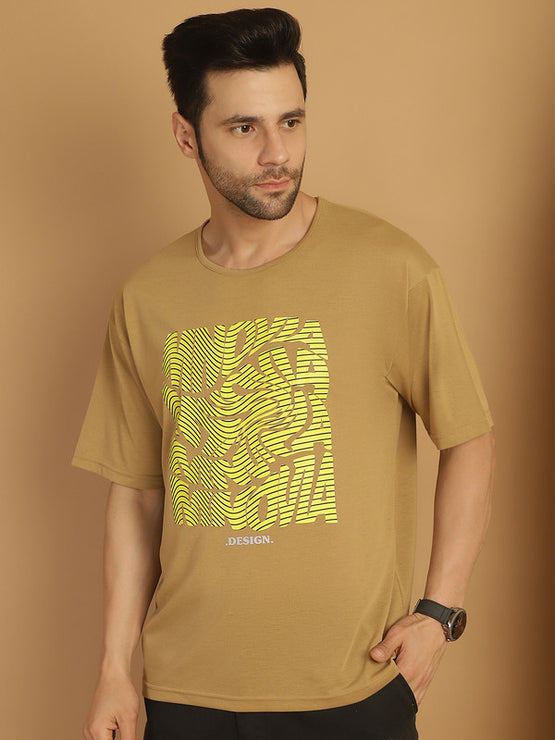Mack Jonney Printed Beige Round Neck Cotton Oversize Half sleeves Tshirt For Men