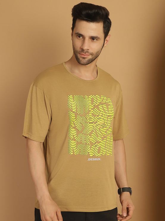 Mack Jonney Printed Beige Round Neck Cotton Oversize Half sleeves Tshirt For Men