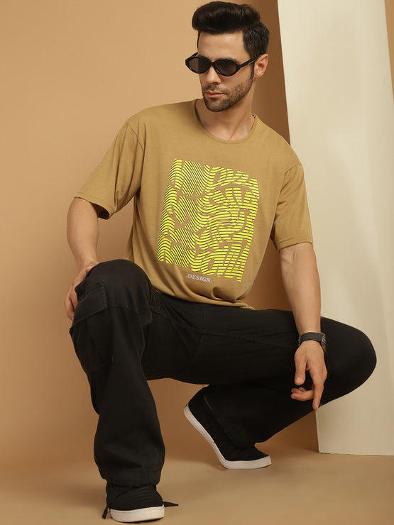 Mack Jonney Printed Beige Round Neck Cotton Oversize Half sleeves Tshirt For Men