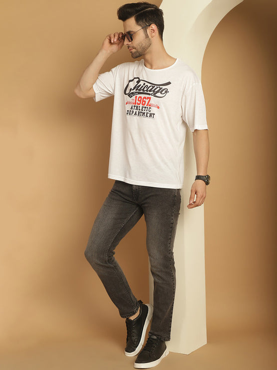 Mack Jonney Printed White Round Neck Cotton Oversize Half sleeves Tshirt For Men
