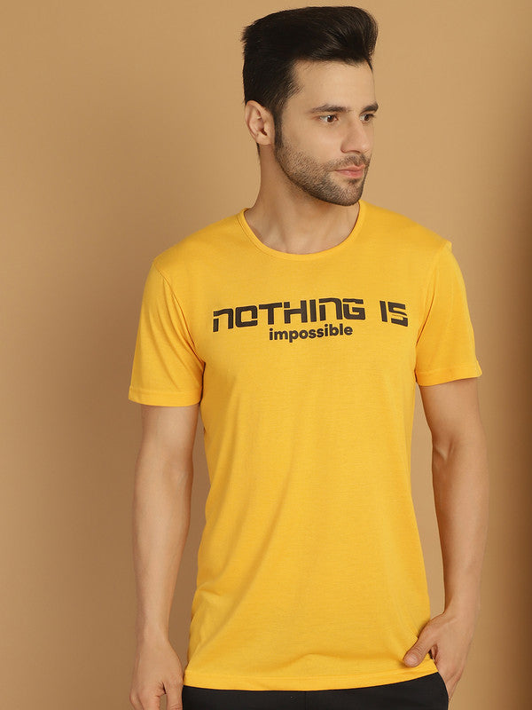 Mack Jonney Printed Yellow Round Neck Cotton Half sleeves Tshirt For Men