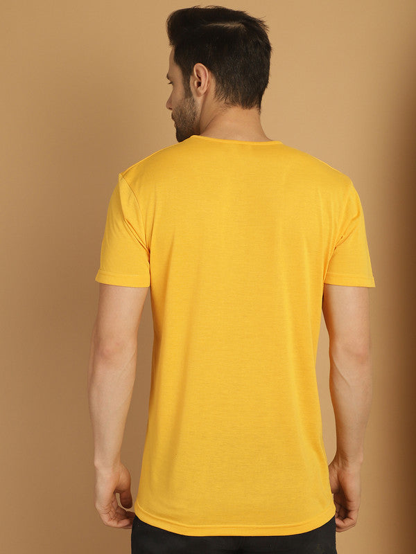 Mack Jonney Printed Yellow Round Neck Cotton Half sleeves Tshirt For Men