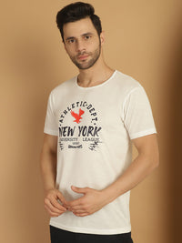 Mack Jonney Printed White Round Neck Cotton Half sleeves Tshirt For Men