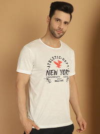 Mack Jonney Printed White Round Neck Cotton Half sleeves Tshirt For Men