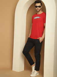 Mack Jonney Printed Red Round Neck Cotton Half sleeves Tshirt For Men