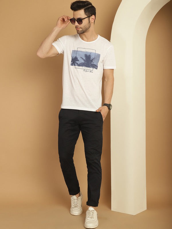 Mack Jonney Printed White Round Neck Cotton Half sleeves Tshirt For Men