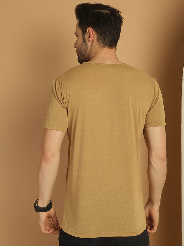 Mack Jonney Printed Beige Round Neck Cotton Half sleeves Tshirt For Men