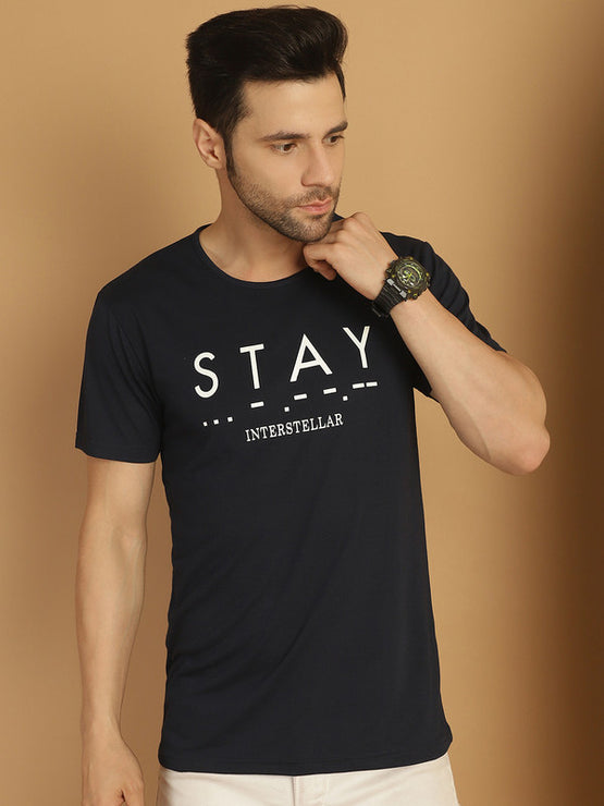 Mack Jonney Printed Navy Blue Round Neck Cotton Half sleeves Tshirt For Men