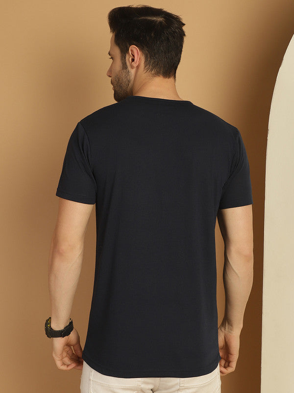 Mack Jonney Printed Navy Blue Round Neck Cotton Half sleeves Tshirt For Men