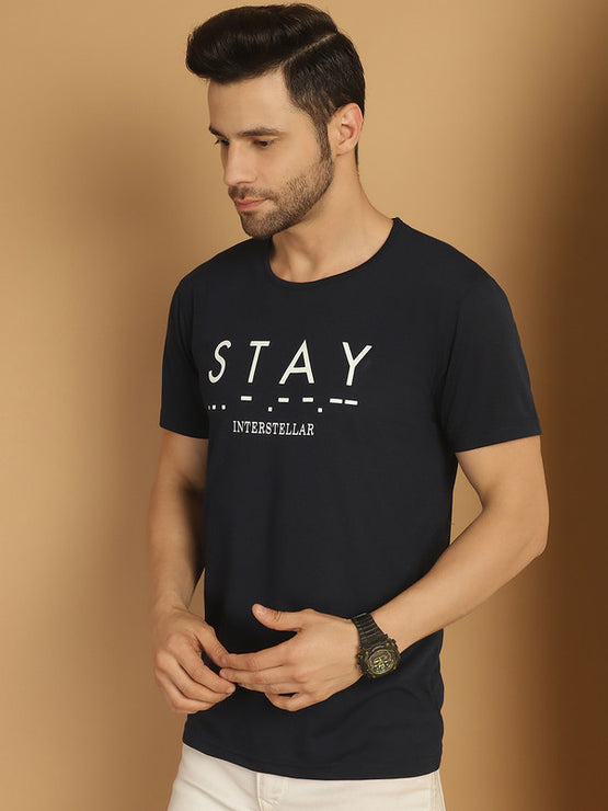 Mack Jonney Printed Navy Blue Round Neck Cotton Half sleeves Tshirt For Men