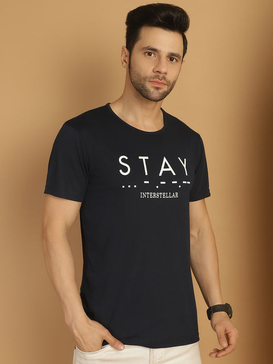 Mack Jonney Printed Navy Blue Round Neck Cotton Half sleeves Tshirt For Men