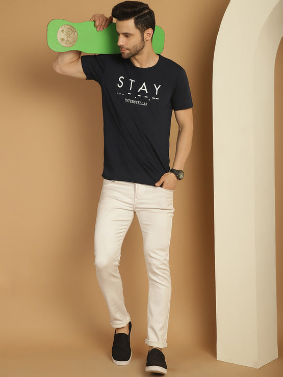 Mack Jonney Printed Navy Blue Round Neck Cotton Half sleeves Tshirt For Men