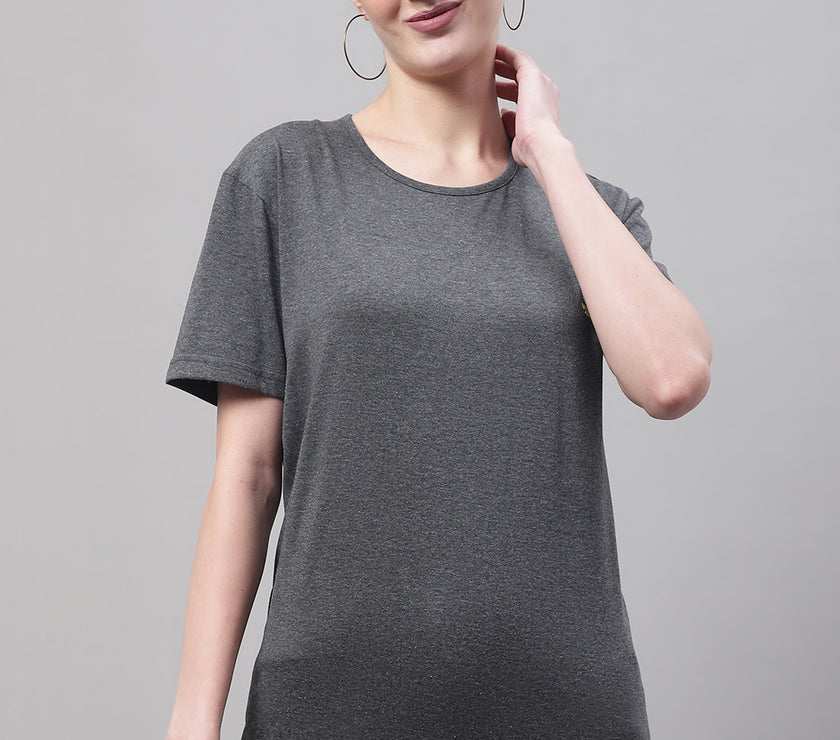 Mack Jonney Round Neck Cotton Solid Grey T-Shirt for Women